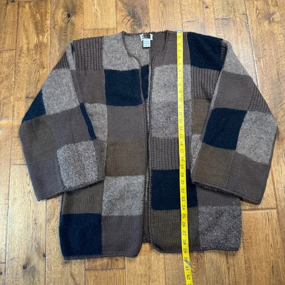 Vintage Knit Wool Blend Brown Color Block Cardigan Sweater Sz L Wide Sleeve - Picture 3 of 6